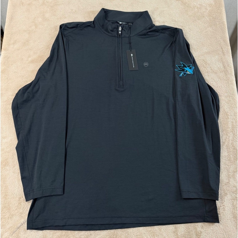 Travis Mathew Heater Pro 1/4 Zip Pullover Mens 2XL Black Stretch Sharks Logo NWT